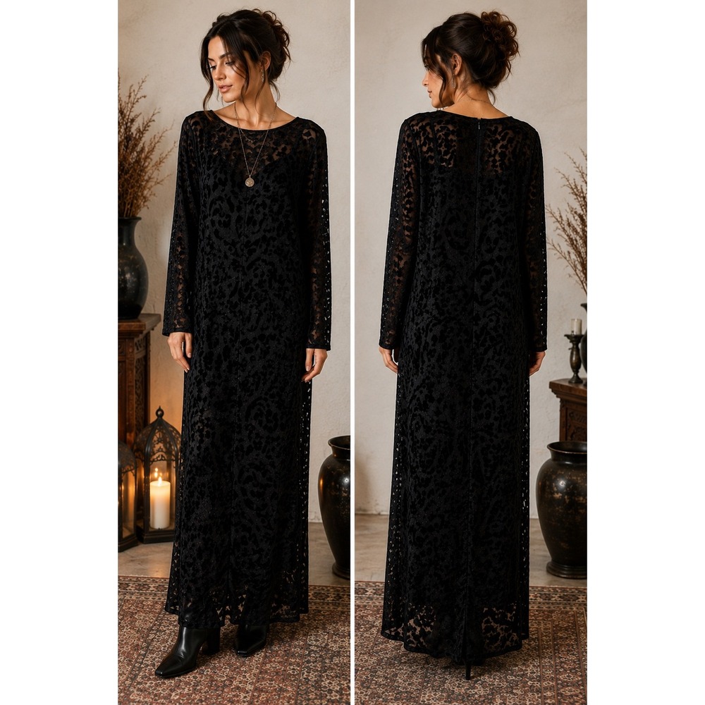 Black Satin Burnout Maxi Dress Sheer Floral Gothic Boho Long Sleeve